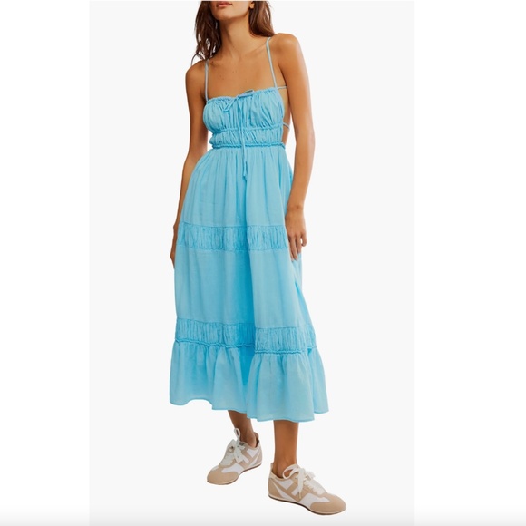 NEW FREE PEOPLE Splash AQUA Taking Sides TIERED Cotton OPEN BACK Maxi DRESS US M - Picture 14 of 16